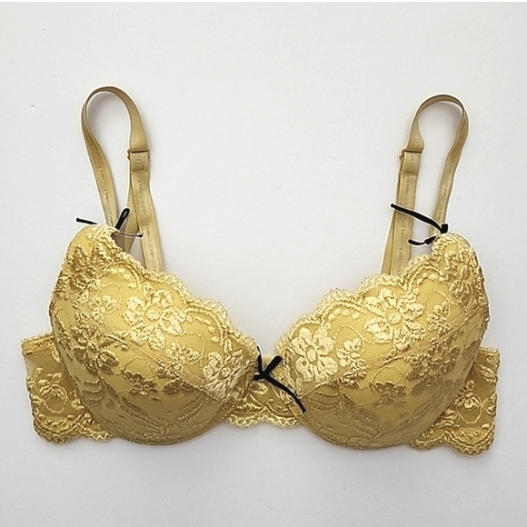 ⭐️2/ $30⭐️ La Vie en Rose Yellow Satin Lace Underwire Push Up Bra 34C - Picture 4 of 14